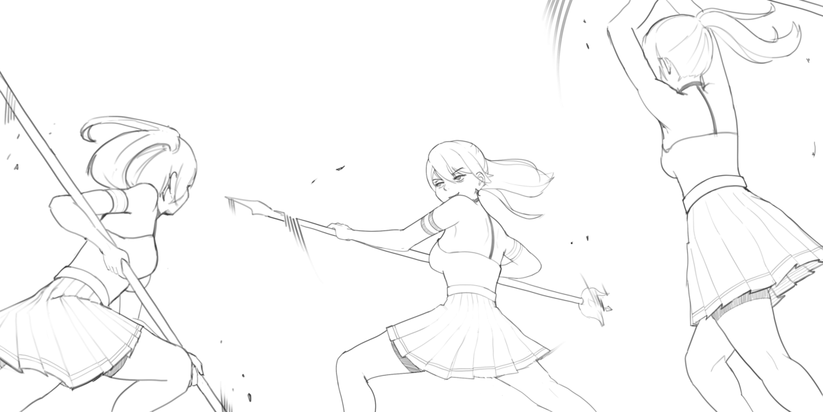 Personaje anime Ubel peleando contra sigo misma con su bastón lanza particular, en una cruzada digna Freudiana, luchado consigo mismo el rival último