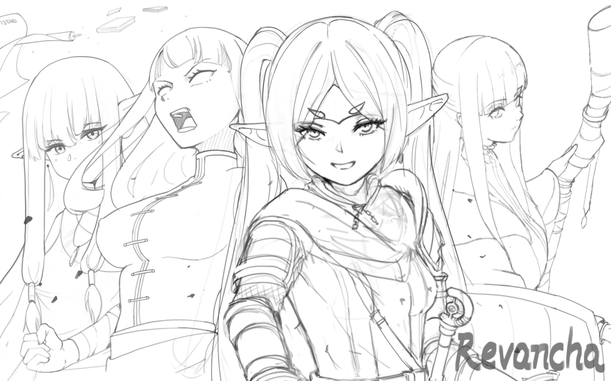 Personajes de Sousou no Frieren mirando al espectador, mostrando ira, determinación y regocijo por la revancha