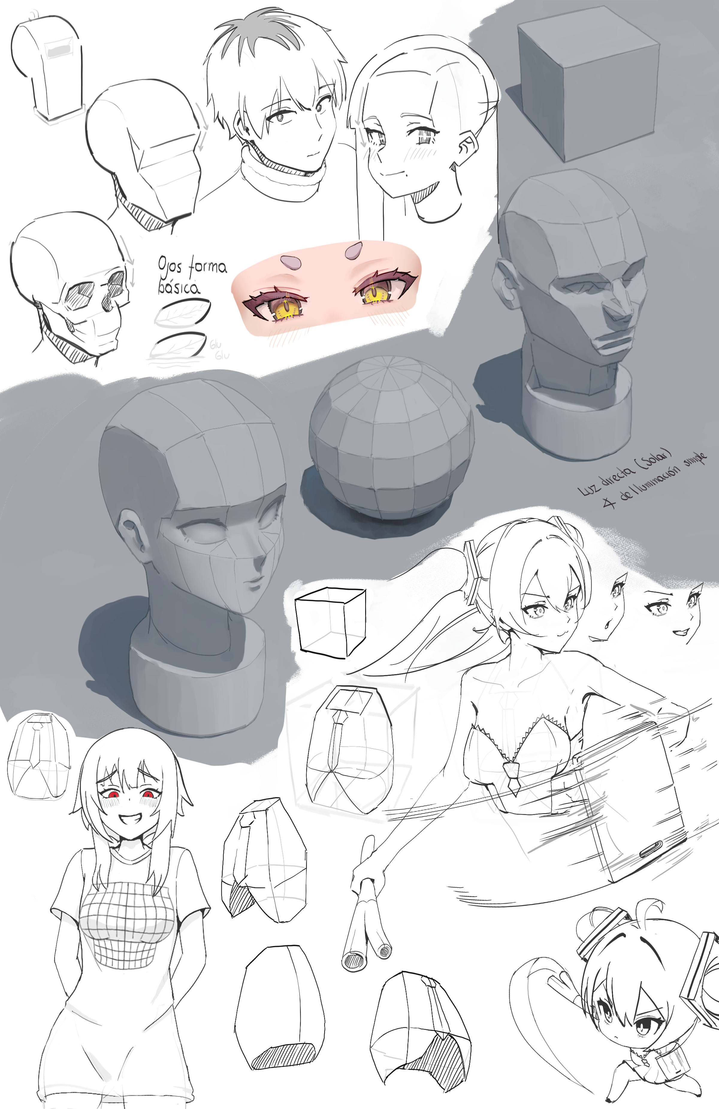 Práctica de dibujo anime, estudio del torso uniendo con la cabeza, jugando con las referencias Frieren